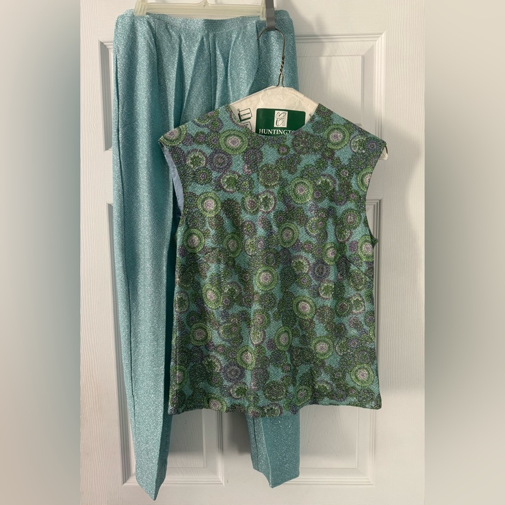 Koret of California 2 Pc Size 14 Aqua Metallic pants & top outfit fits like sz 4
